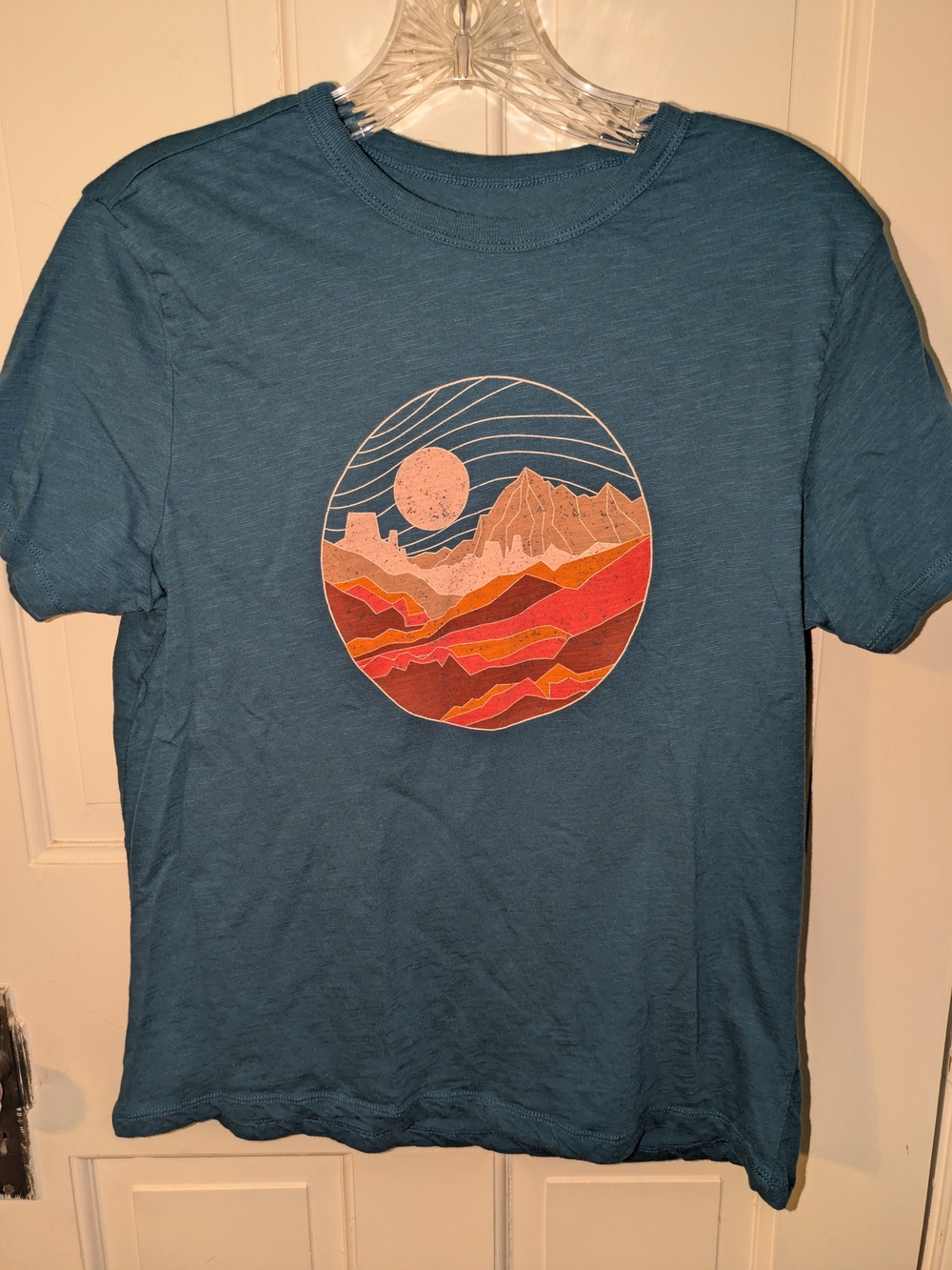 dip Teal Short Sleeve Tee with Sunset Mountain Graphic